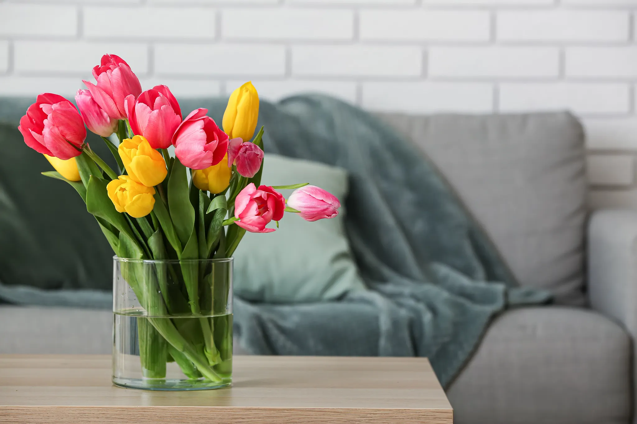 Vase with tulips on table near sofa
