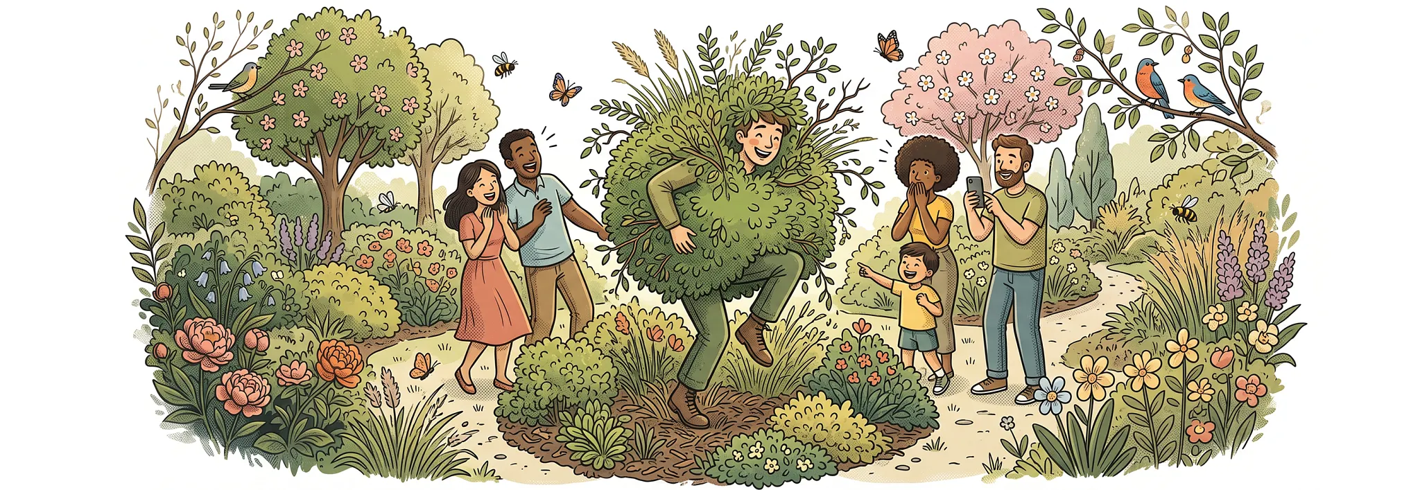 A line-art illustration shows a person dressed up as a leafy green hedge bush stepping along a garden path, surrounded by a group of smiling adults and a child taking photos and laughing. The garden is surrounded by flowering trees, peonies, blooming shrubs, and birds including a robin and bluebirds.