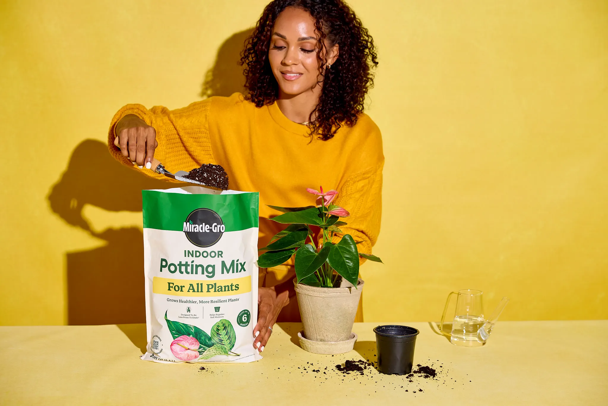 A woman in a yellow sweater scooping out a shovel of Miracle-Gro Indoor Potting mix for all plants from the bag and about to put it in a potted Anthurium sitting on the table in front of her.