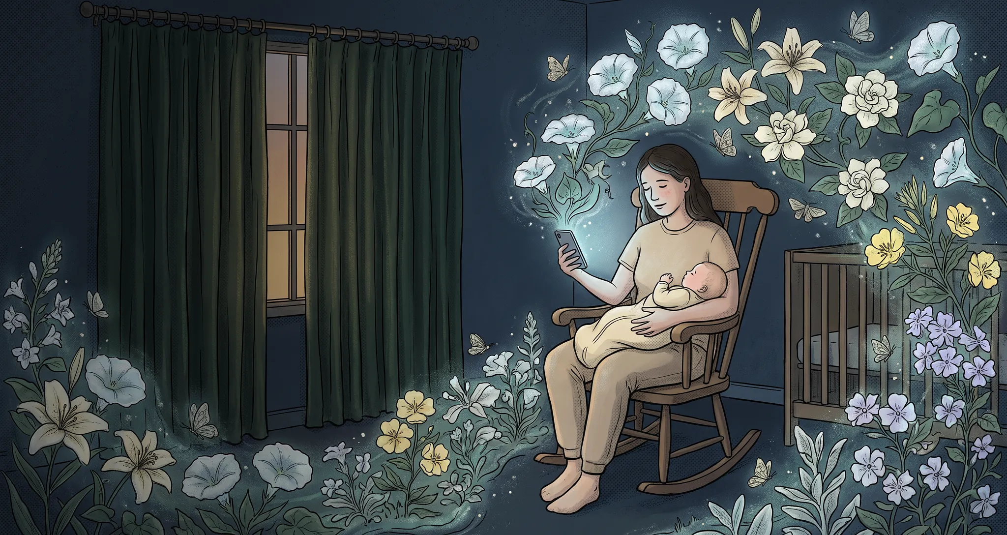 A cozy nursery illuminated by a warm screen glow and a glowing moon outside the window. A parent sits in a rocking chair cradling a sleeping baby while looking at a phone, surrounded by lush, moonlit floral wallpaper and climbing night-blooming vines.
