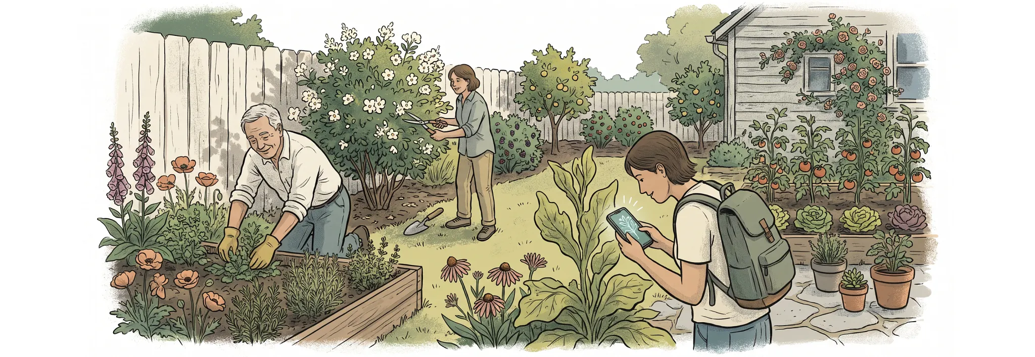 An outdoor illustration of three people of different generations gardening together in a backyard; one person tends to plants in a raised bed, another waters greenery in the background, and a young adult holds a smartphone while wearing a backpack.