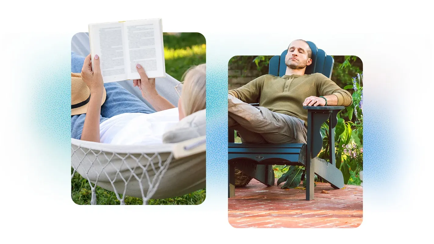 Two people relaxing outdoors, one reading in a hammock and another resting in an Adirondack patio chair.