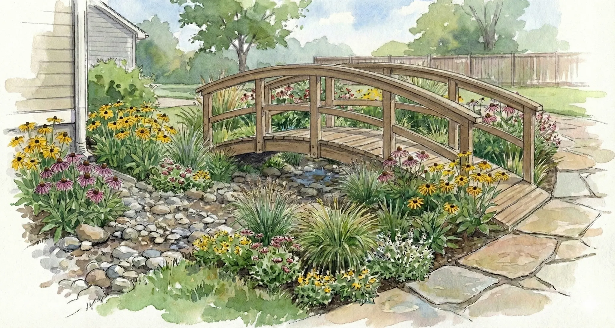 ai generated water color painting of a wooden bridge that walks over a rocky creek bed in a backyard. There are multiple types of flowers on either side of the rocky creek bed. A stone walking path starts in the foreground and leads off in the background further into the backyard. The background shows a wooden fence line and multiple large trees. 