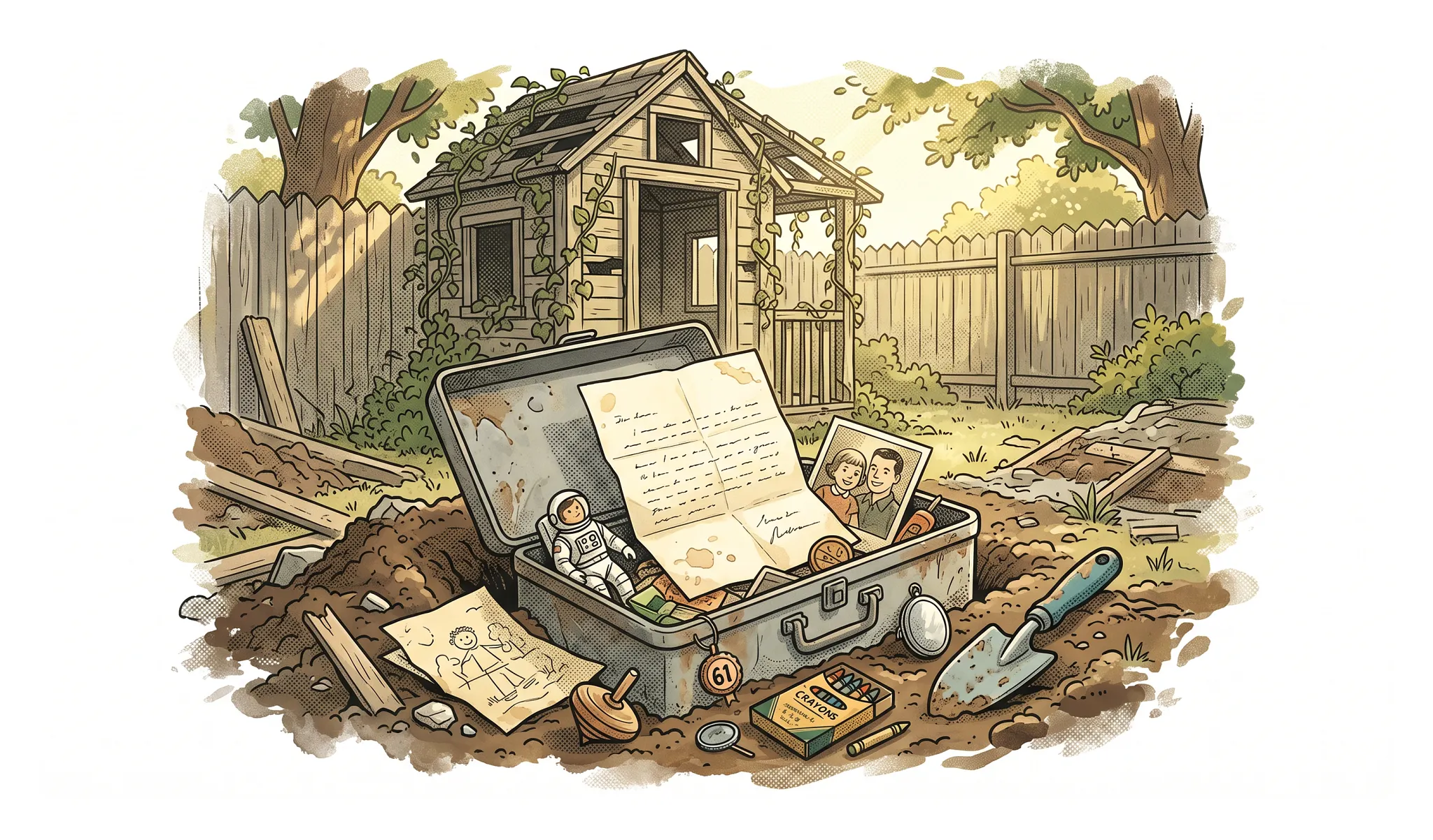 An AI generated image of a time capsule that looks to just have been dug up and opened in a backyard with an old wooden shed in the background.