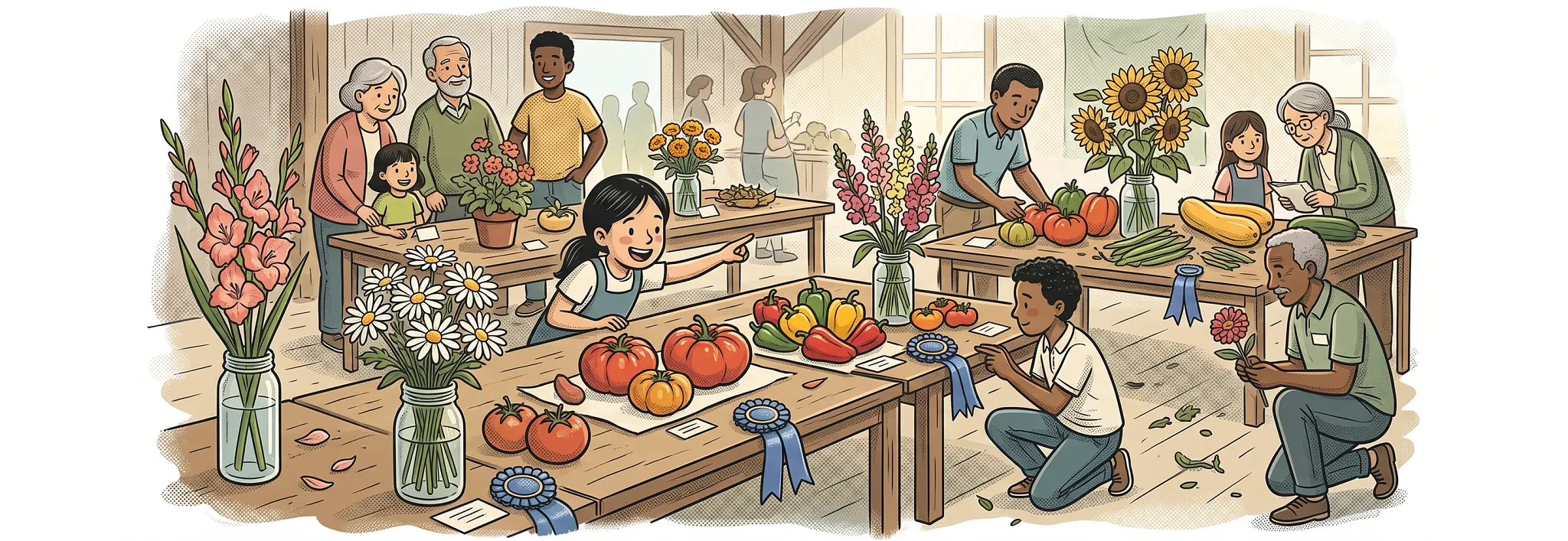 Illustration of a busy county fair hall with gardeners and judges gathered around wooden tables displaying fresh tomatoes, squash, and colorful flower arrangements with blue award ribbons.