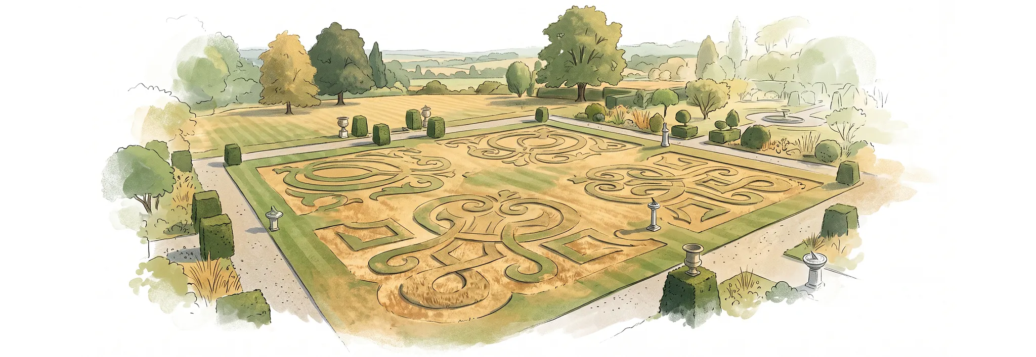 A detailed architectural illustration of the Great Parterre formal garden at Chatsworth House, showing intricate swirling lawn motifs on a sunny day beside text titled 'This summer&rsquo;s secret garden.
