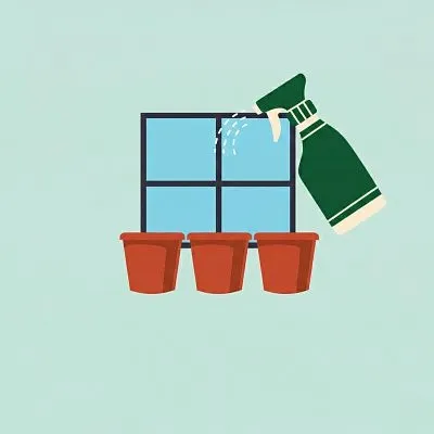 a graphic of 3 planters sitting in front of a window and a spray bottle watering the 3 pots