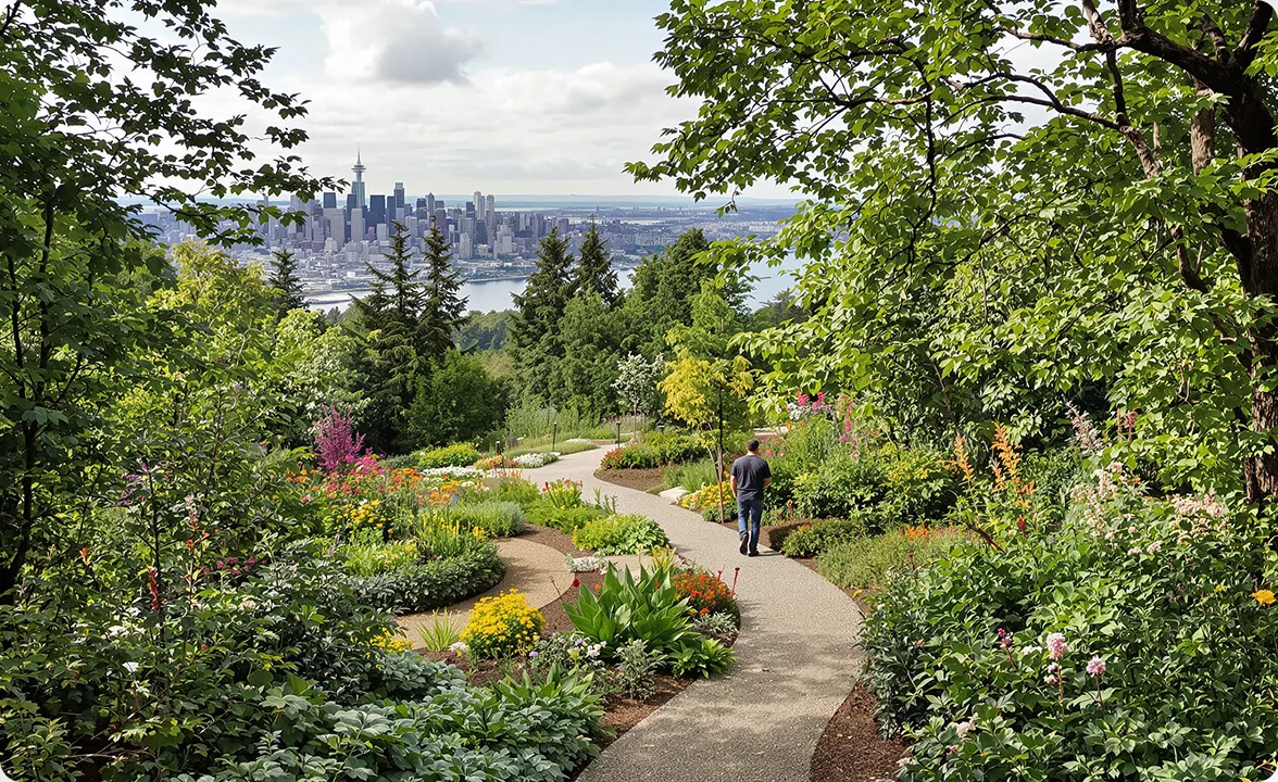 A dirt trail winding through a lush green food forest park in Seattle, with mature trees and native foliage under a bright sky.
