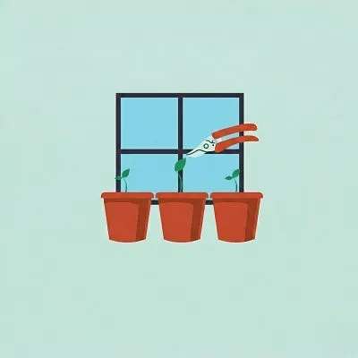 A graphic of 3 planters sitting in front of a window with clippers above the pots about to snip the weaker of the sprouts so there is only 1 sprout in each pot.