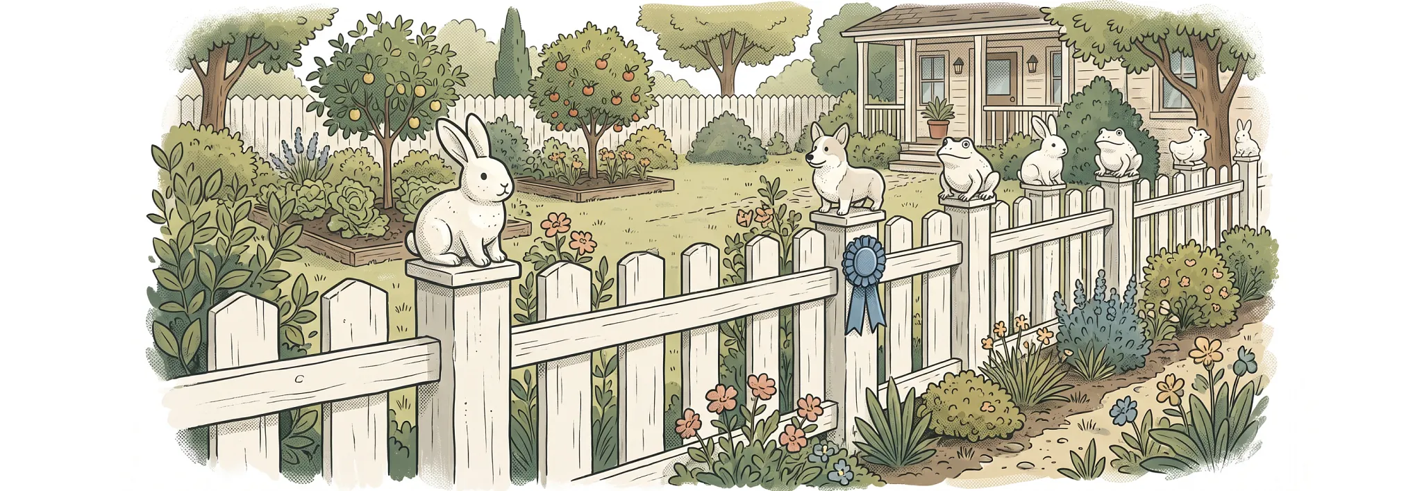 An illustration of a white wooden picket fence enclosing a lush garden, with a white rabbit perched on a fence post and two small white birds resting along the top rail.
