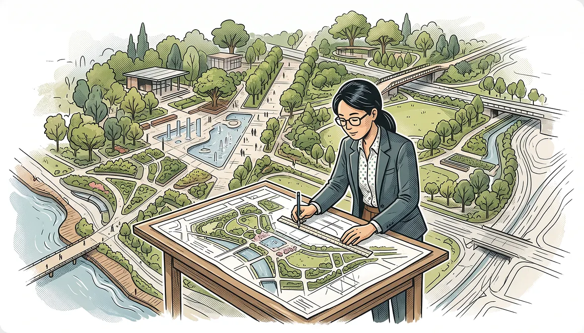 Illustrated scene of an architect working at a drafting table outdoors surrounded by garden greenery.