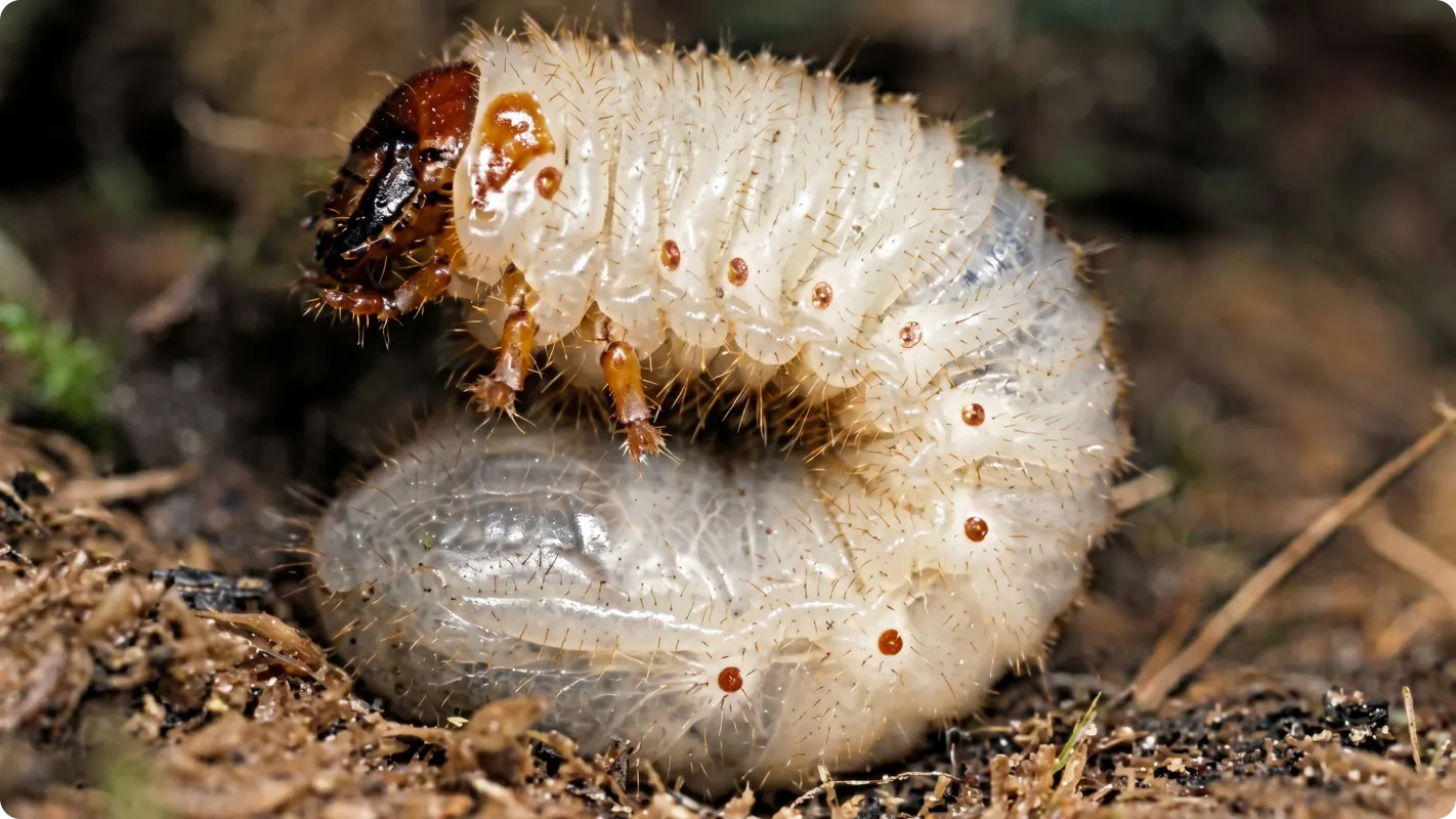 Close up of a grub with a reddish head and white body curled up on itself