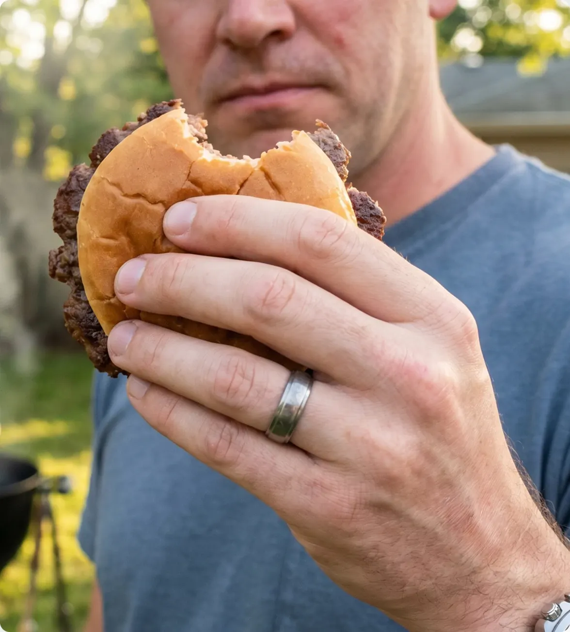 A guy holder a hamburger he just bit into