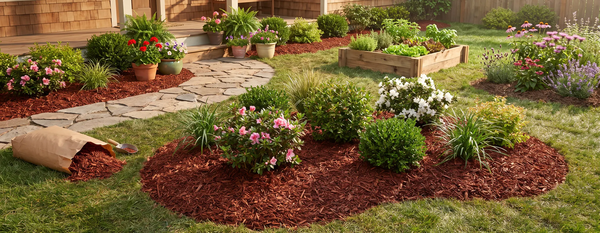 Two wooden raised garden beds filled with thriving leafy vegetables and herbs in a sunny backyard setting.