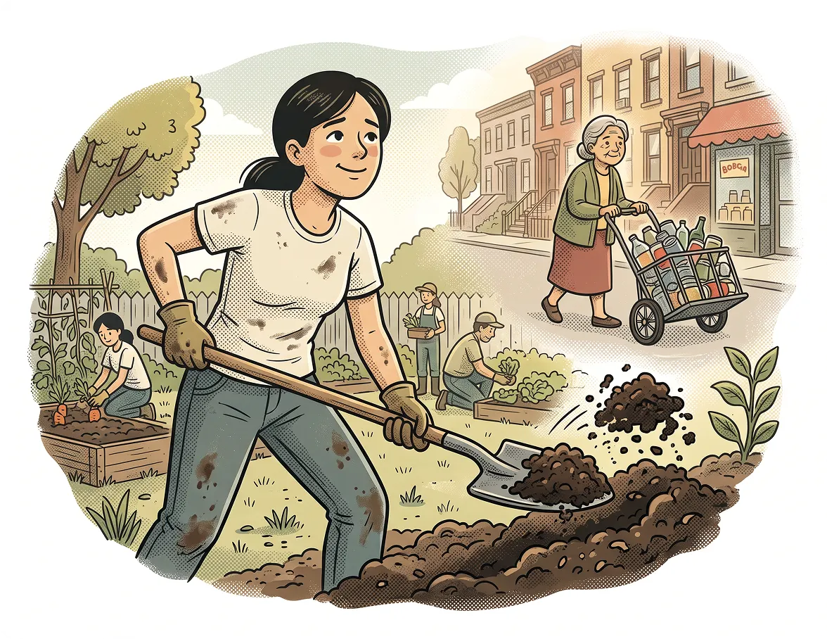 Illustration of a young woman shoveling compost in a garden bed near an elderly woman pushing a cart of collected bottles. Editorial article header titled "Bring on the 'bitter labor'" reflects on hard work, family, and composting.