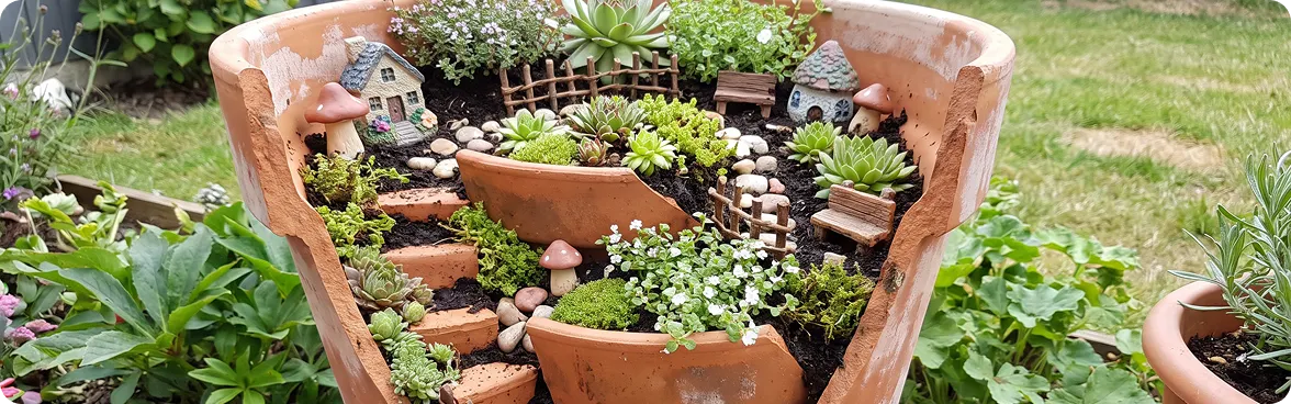 Broken terracotta pot transformed into a detailed miniature fairy garden with tiny houses and succulents.