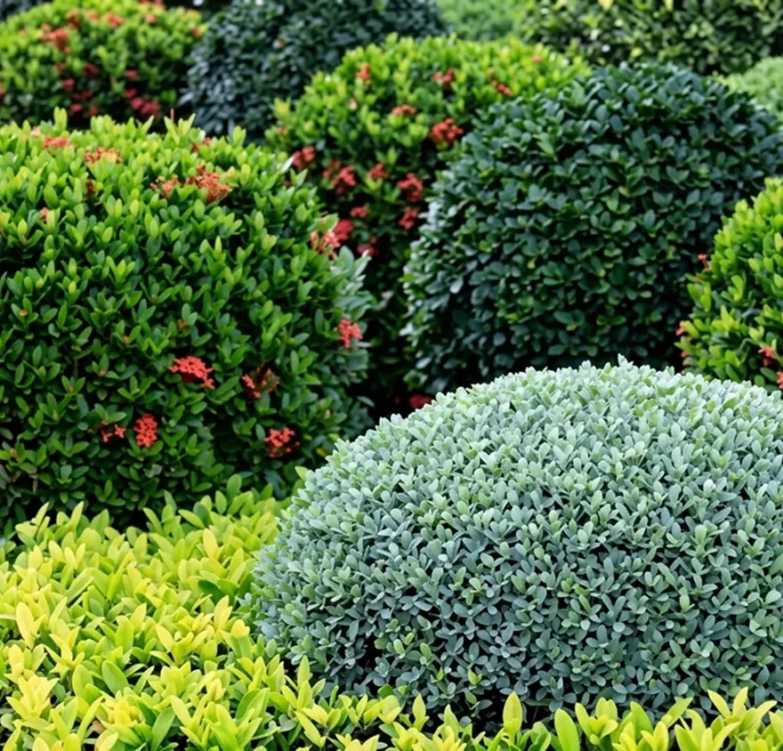 Neat, rounded garden bushes and manicured green shrubs featuring small red flowers in a landscape.