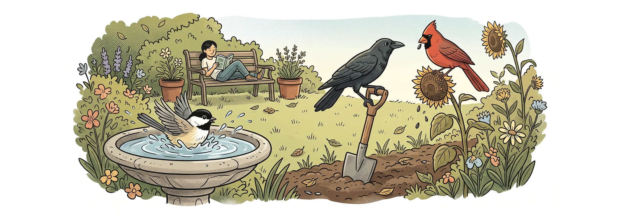 Illustration of three birds&mdash;a chickadee splashing in a birdbath, a crow perched on a shovel, and a cardinal on a sunflower&mdash;beside text titled 'Bond with the birds' recommending 'The Book of Birds.