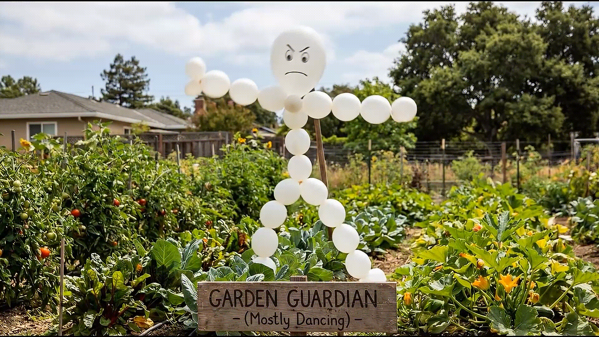 A scare crow made out of white balloons with a frowny angry face drawn on the balloon that represents the head of the scarecrow. The scarecrow is in the middle of a vegetable garden in the backyard.