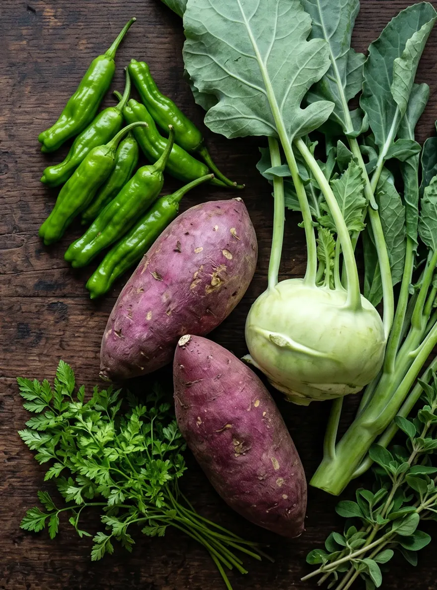 Fresh purple sweet potatoes, green shishito peppers, kohlrabi, and herbs arranged on a rustic wooden surface.