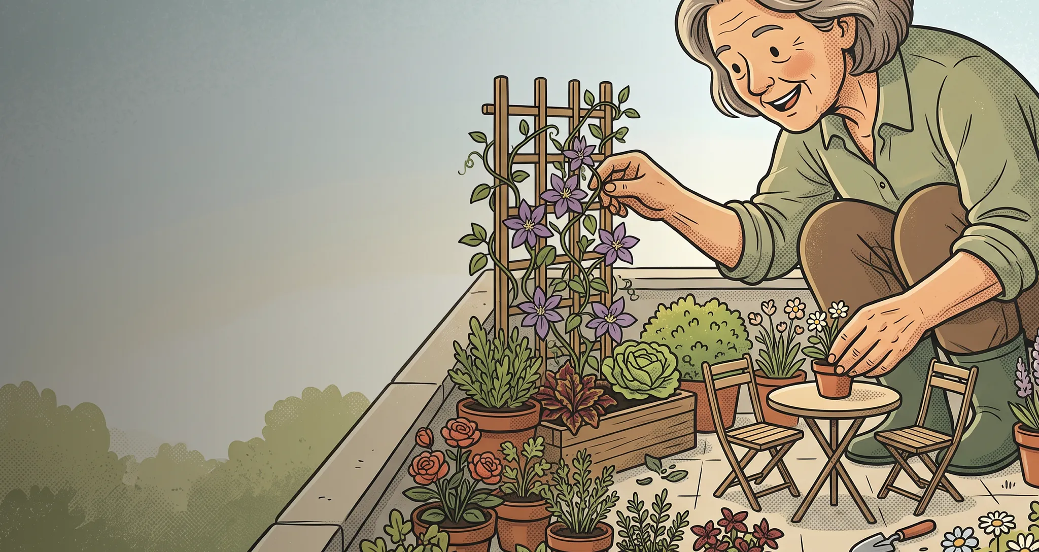 Illustration of an older woman smiling warmly while tending to potted flowers and small plants on a wooden balcony terrace overlooking neighboring roofs.