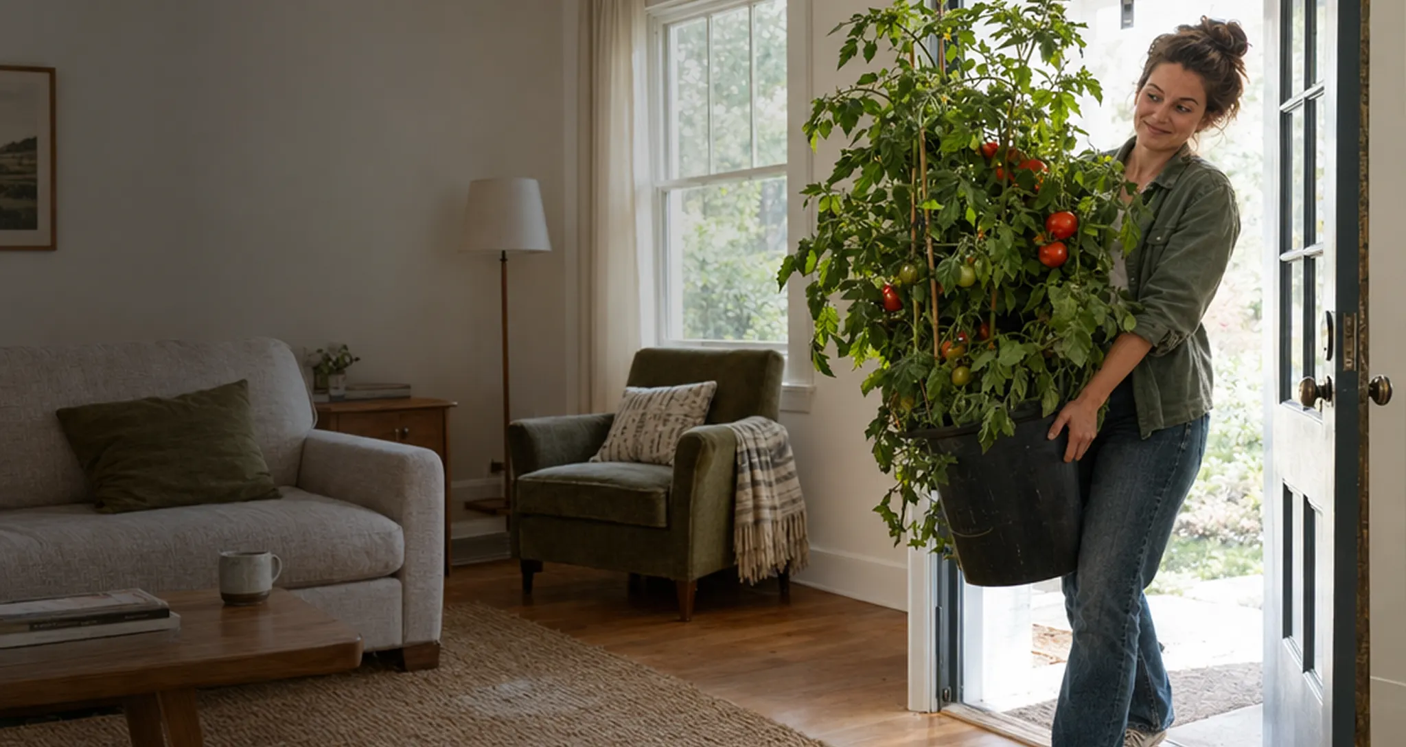 A smiling woman carrying a large potted tomato plant inside through an open doorway, titled "Stayin&rsquo; Alive: Moving Your Kitchen Garden Inside for the Winter."