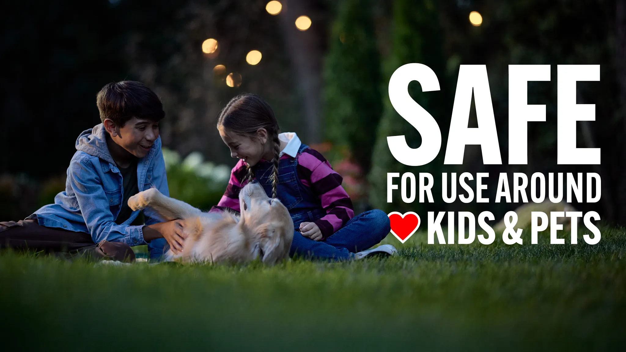 Two children laughing and playing with a golden retriever on a lush green lawn at dusk. A large text overlay highlights a key benefit of Scotts Turf Builder: Safe for use around kids & pets.