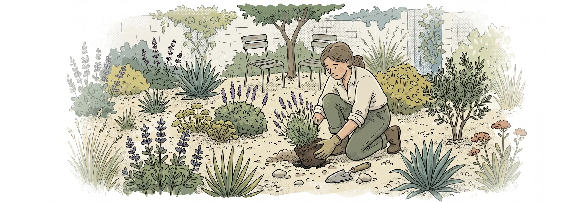 An illustration of a person kneeling in a backyard garden bed filled with lavender and native plants, carefully tending to the soil and flowers.