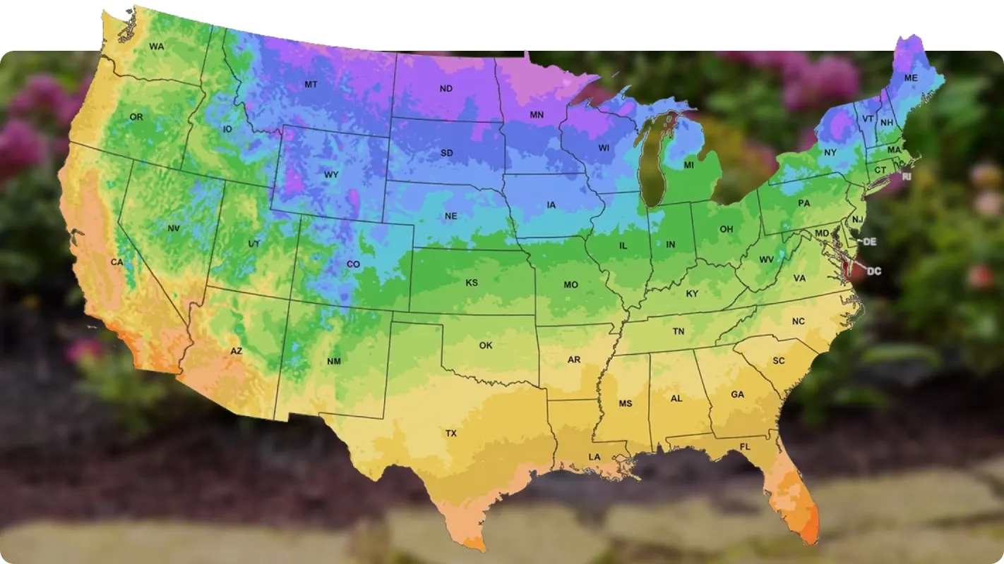 Color-coded USDA plant hardiness zone map of the United States for gardening and planting.