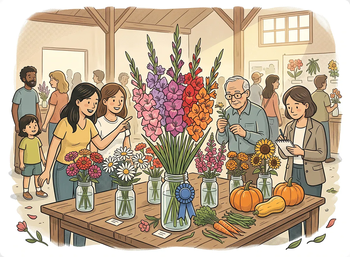 Illustration of visitors admiring a tall, colorful gladiolus flower arrangement and fresh produce displayed on a wooden table at a local county fair horticulture exhibit.