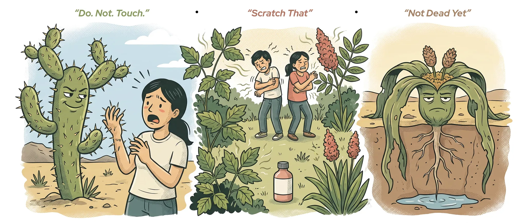 An editorial illustration depicting a person looking alarmed while gesturing toward a tall, green, single-stemmed cactus with multiple arm-like branches, set against a backdrop of small flowering plants and a bizarre potted plant with root-like appendages extending into a small puddle.