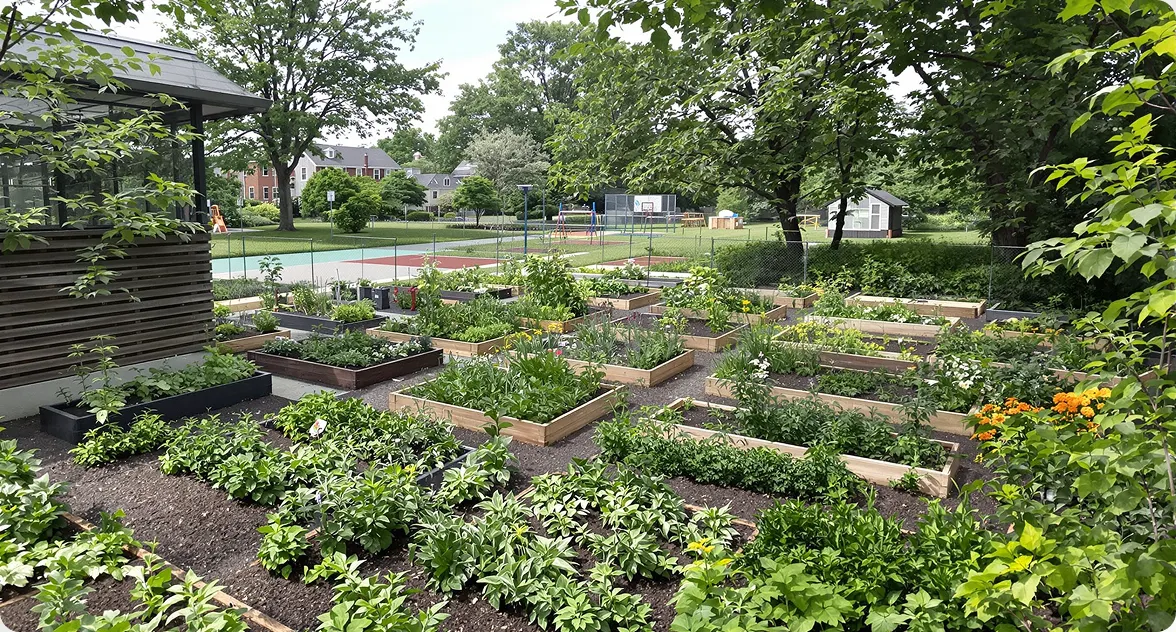 Raised wooden garden beds filled with thriving leafy plants and greenery at a community farm in Poughkeepsie.