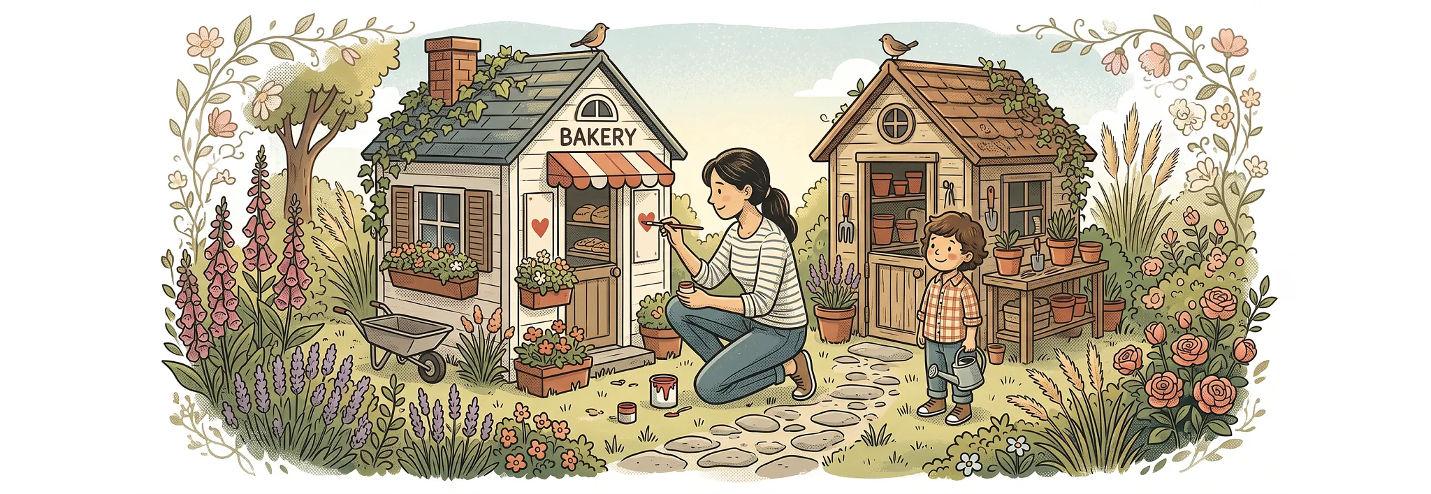 A top-down, line-art style illustration shows a woman in a striped shirt painting a small, light-colored playhouse labeled "BAKERY" with red hearts in a lush garden. Nearby, a young boy holds a watering can beside a wooden potting shed, surrounded by potted plants, garden tools, a wheelbarrow, and blooming flowers like lavender and foxgloves.