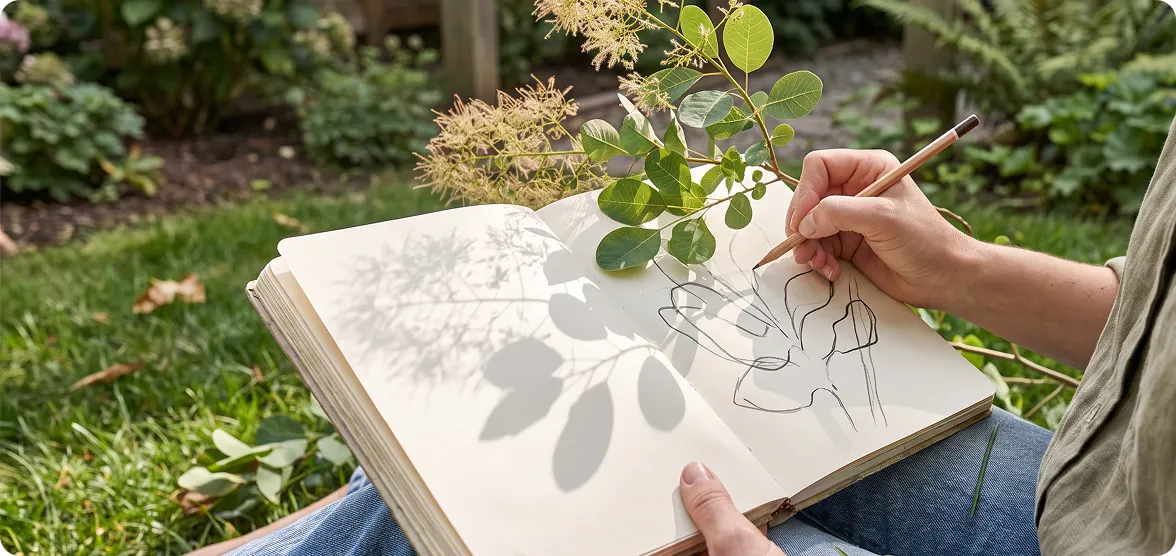 Hands drawing a botanical plant sketch in an open journal resting on a sunny lawn.