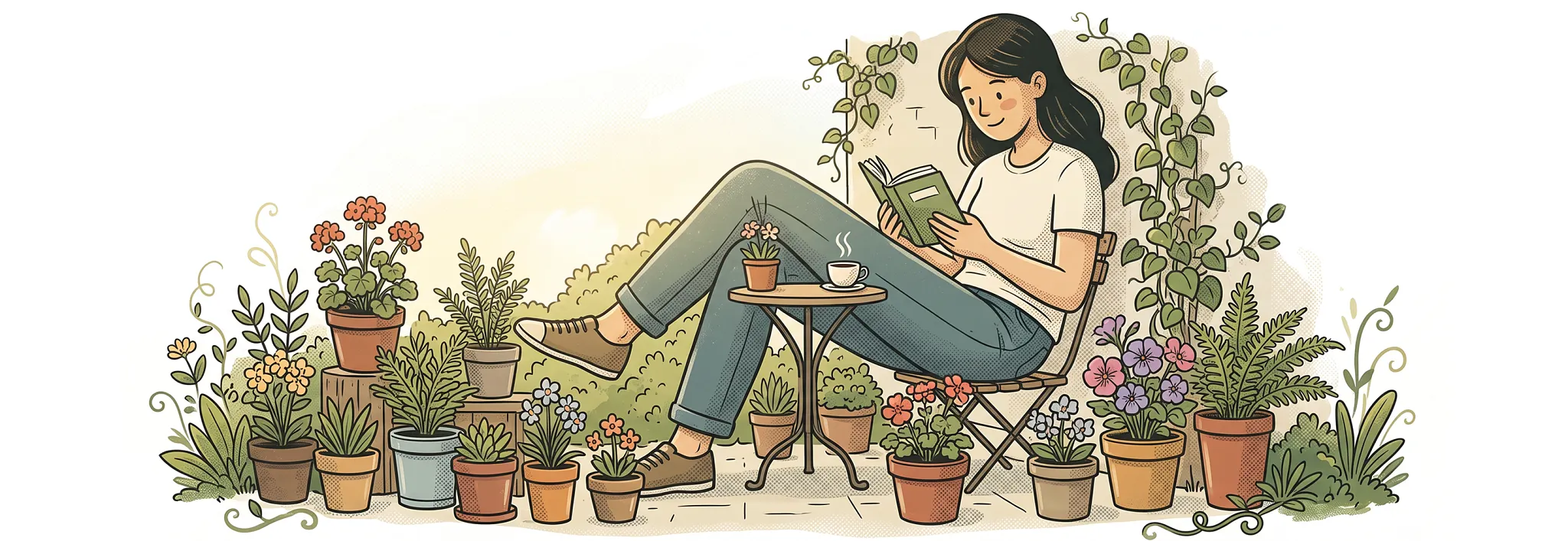 Illustration of a woman sitting comfortably on a chair outdoors, reading a book while surrounded by an array of potted plants, flowers, and greenery.