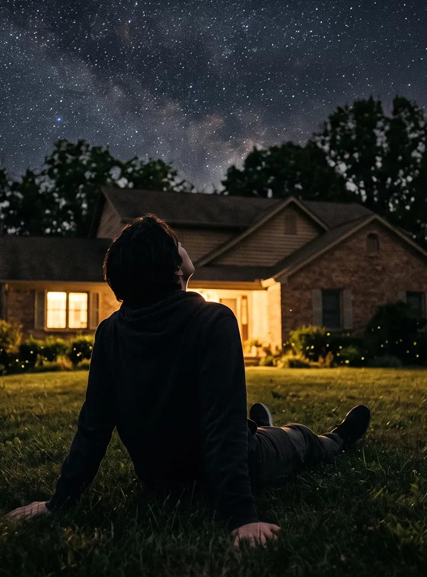 Person sitting in a grassy yard at night gazing up at a starry sky and the Milky Way above a home.