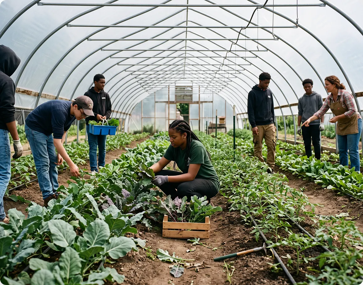 Students and instructors tending to rows of crops inside a large greenhouse structure, alongside article section titled "3. The Garden That's as Big as a Whole District" in Detroit, MI.