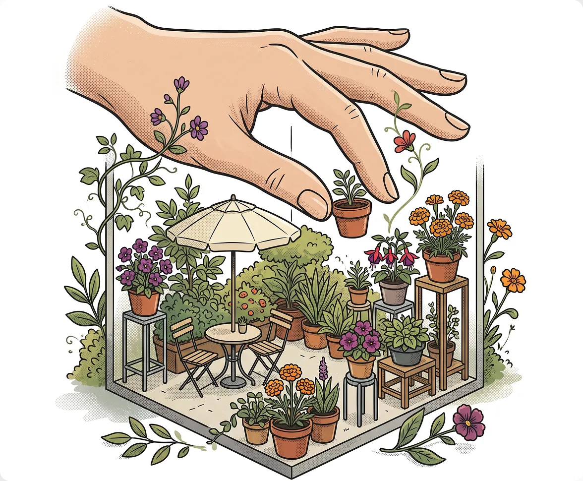Illustration of a hand placing a tiny potted plant into a miniature, detailed garden patio layout featuring tiny furniture and foliage.