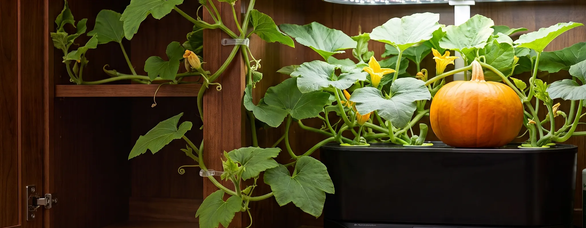 A small orange pumpkin growing on a leafy vine inside an indoor AeroGarden setup.