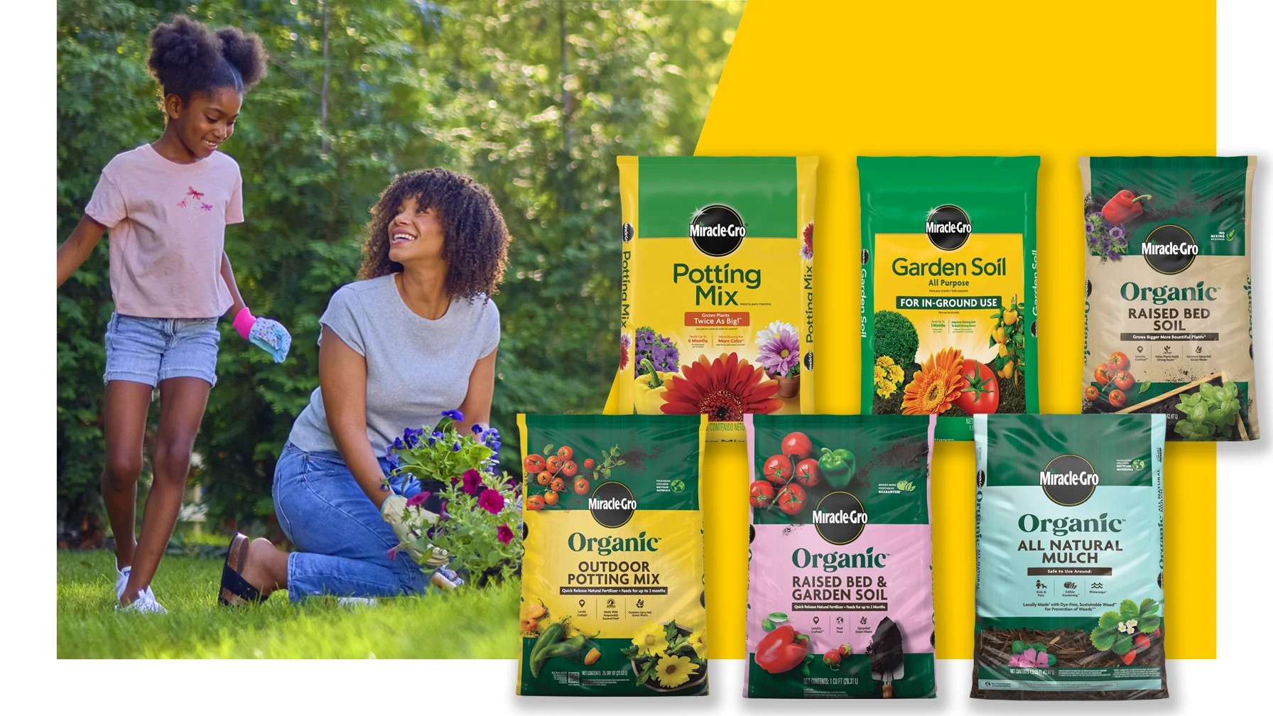 A mother and daughter planting flowers in their garden beds. With product images of Miracle-Gro Soils and Mulch next to them on a yellow background. This is showing examples of the different products Miracle-Gro offers that are made locally.