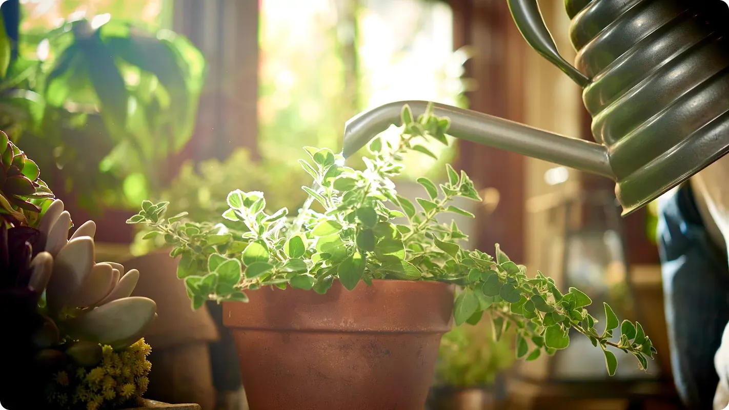 someone using a watering can to water their indoor plants on the windowsill