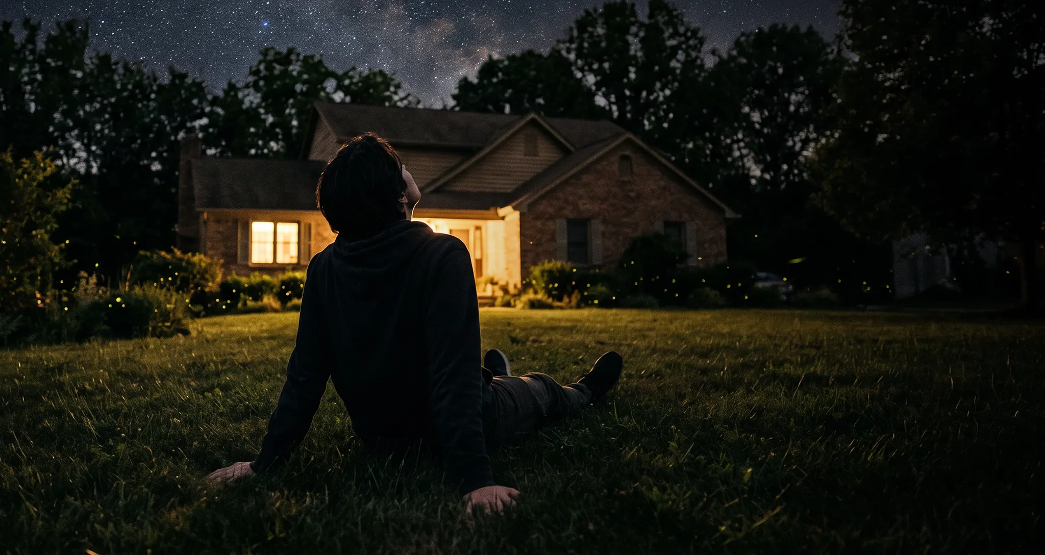 Image of a person sitting outdoors in a dark, grassy yard at night looking up at a starry sky with glowing fireflies and a house in the distance.