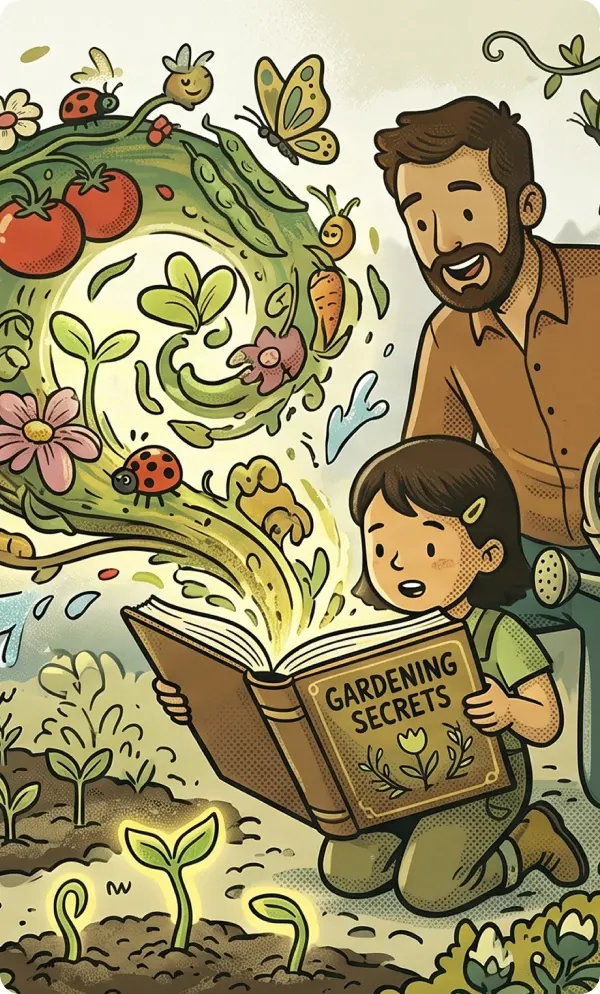 Graphic of a father and daughter reading a Gardening Secrets book with plants and insects that look like they are popping off the pages of the book.