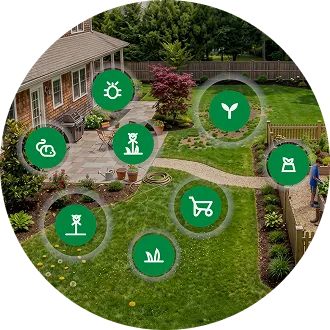 Backyard scene with green icons depicting common back yard tasks or problems