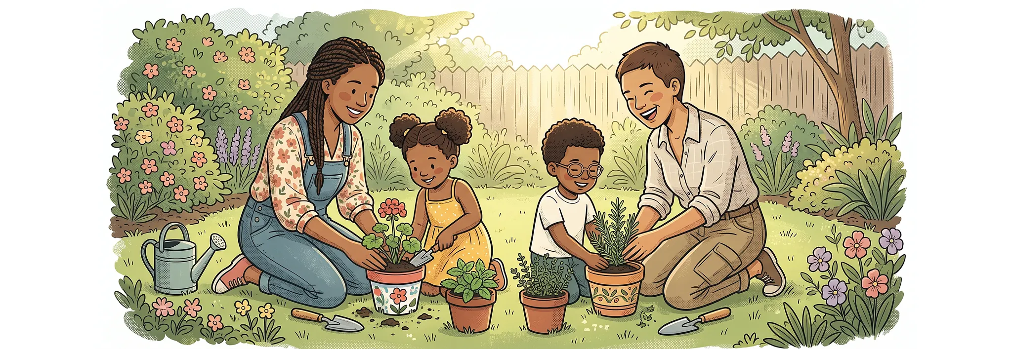 An illustration of a mother and her young children kneeling together on the grass while planting small potted plants in a backyard garden