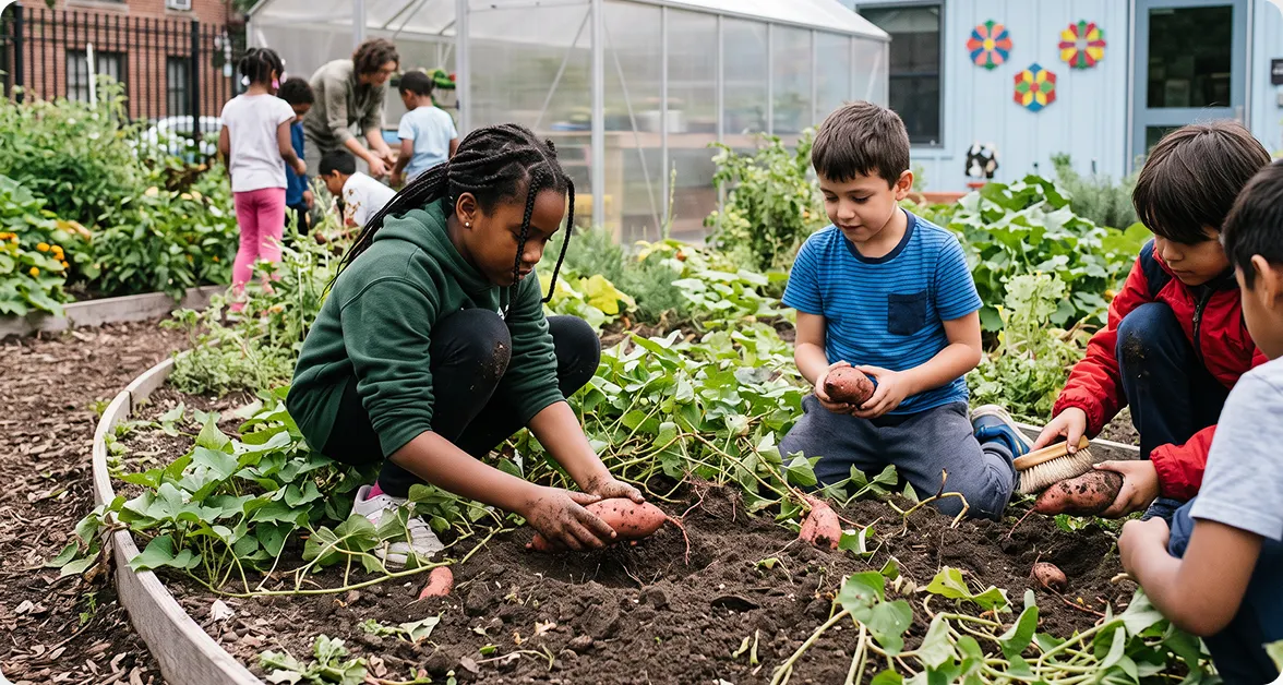 Children kneeling and working together in a dirt garden bed, accompanying article section titled "2. The Best Urban Glow-up" at P.S. 216 Arturo Toscanini in Brooklyn, NY. 