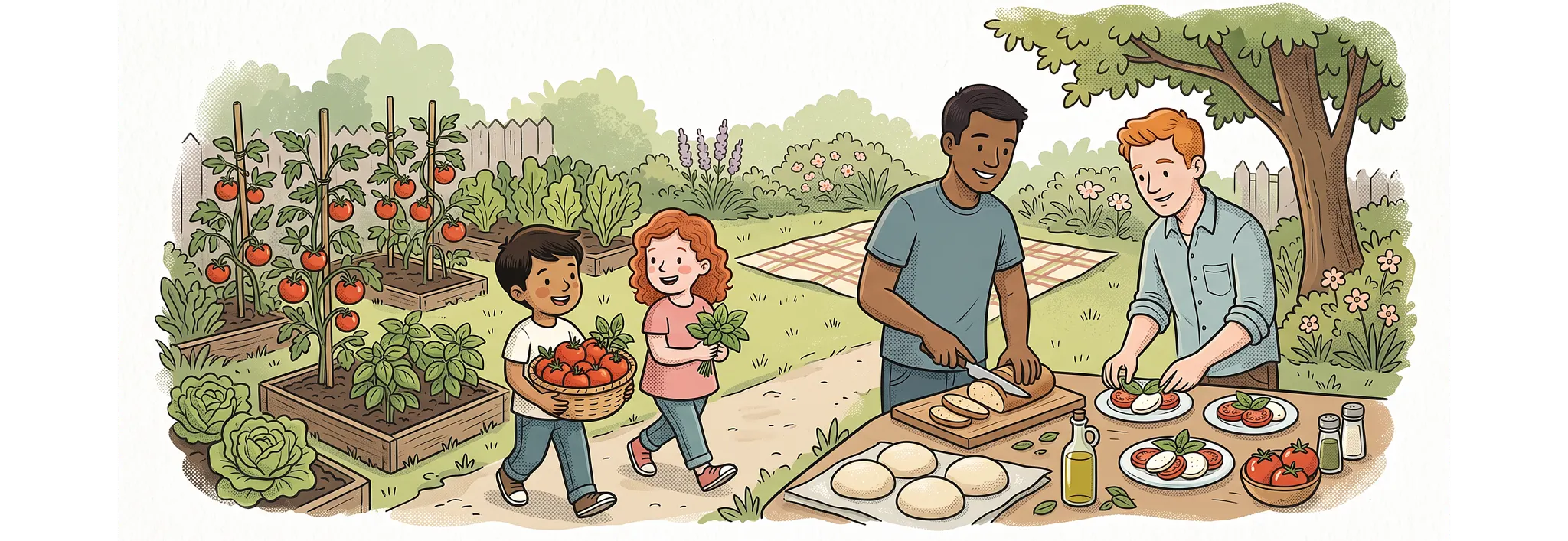 An illustration of two children holding fresh garden produce while two adults prepare food at an outdoor table near raised garden beds.