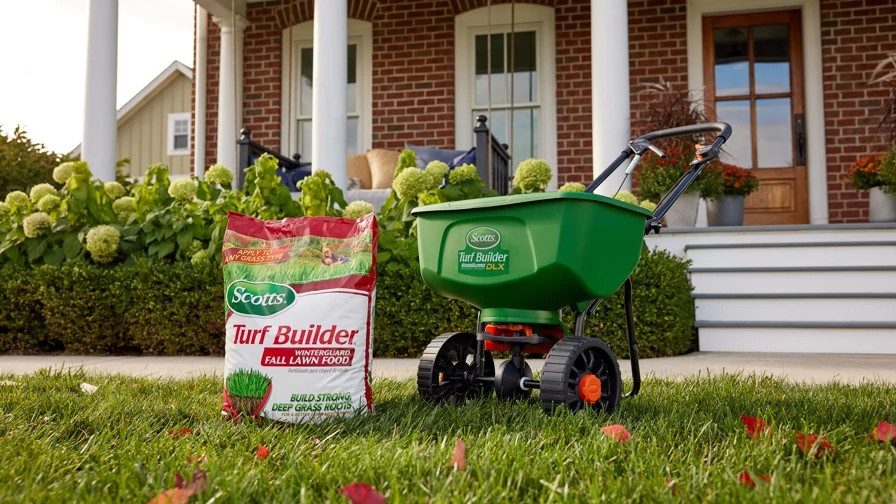 fall lawn food and a spreader sitting on a lawn