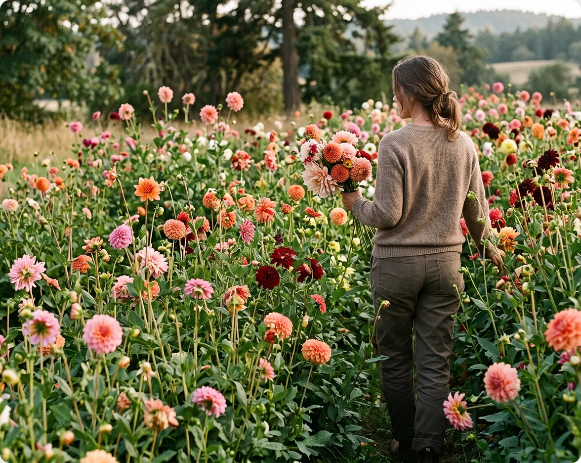 A person holding a floral bouquet while walking through a field of colorful dahlias, displayed alongside text titled 'FarmLuxe' detailing a luxury flower retreat in San Juan Island, WA.