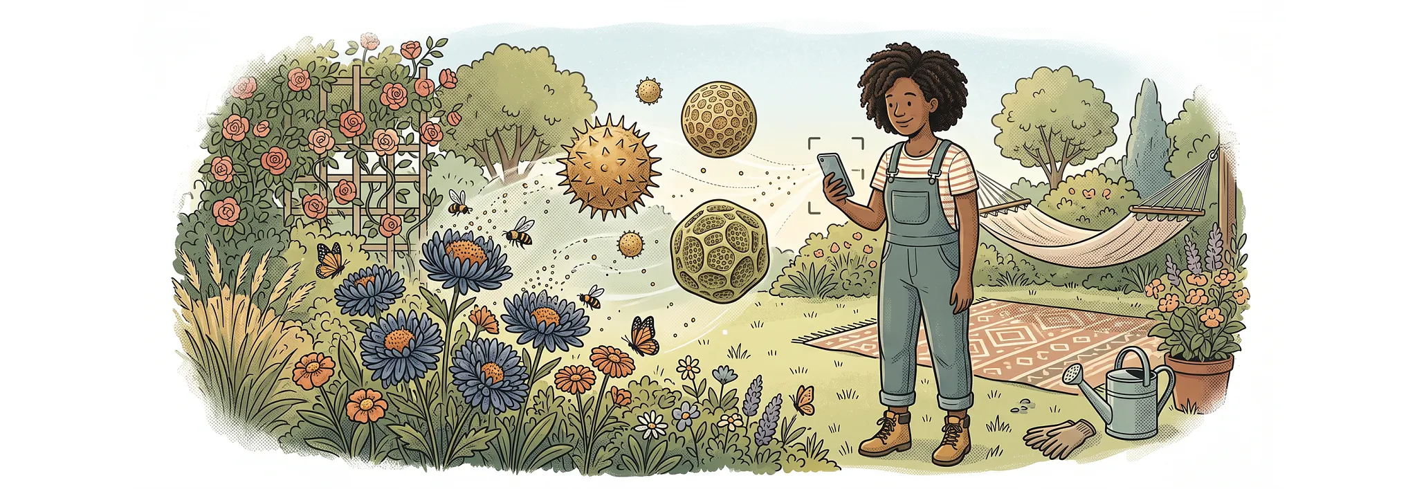 A top-down, line-art-style illustration shows a person in overalls standing in a lush garden holding a smartphone pointed toward three floating, enlarged pollen grains. In the background, a hammock hangs between trees near a potted plant, watering can, gardening gloves, and a flower bed filled with blooming roses, daisies, and lavender.